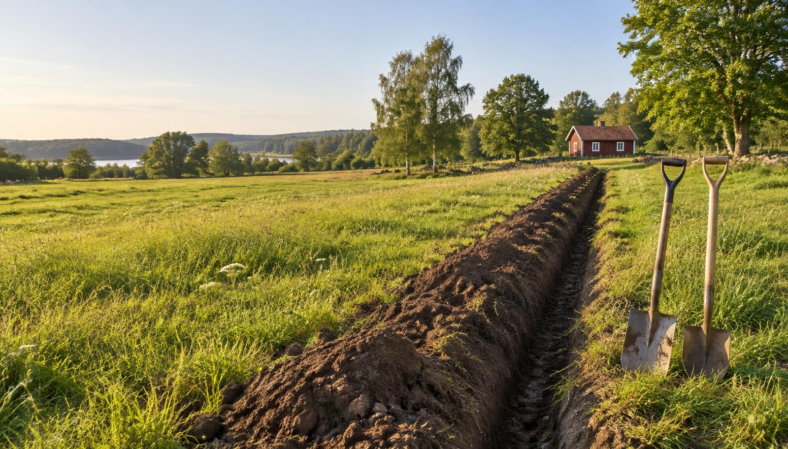 Ett grävt dike och två spadar i ett somrigt sydsvenskt landskap